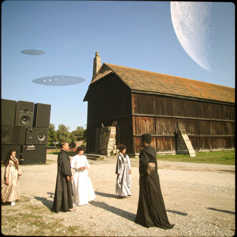 Firefly_A retro album art scene set in deep space, with a vibrant and ethereal atmosphere. Af 631291